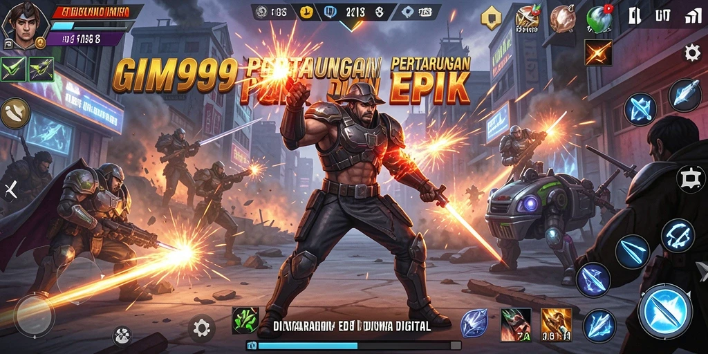 Tangkapan layar utama GIM999 menampilkan karakter sedang bertarung dengan efek visual spektakuler.