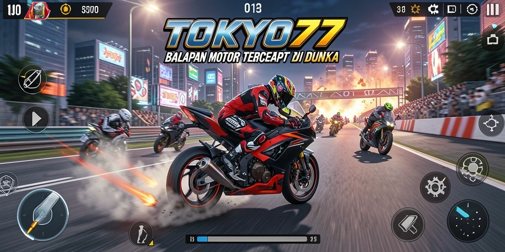 Gameplay seru TOKYO77 dengan balapan motor yang mendebarkan.
